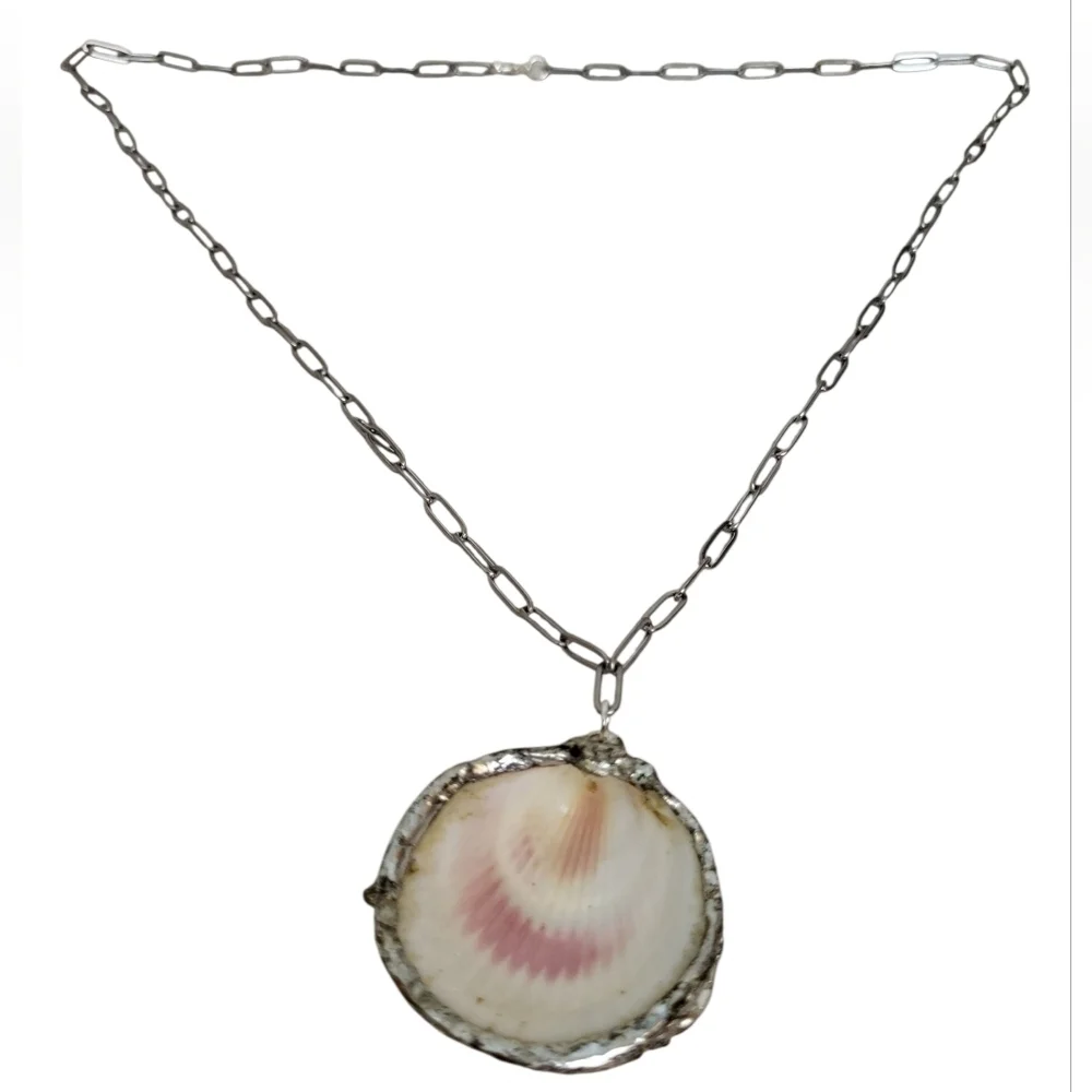 Shell Sea Shell Clear Rhinestones Stainless Steel Paperclip Chain Necklace